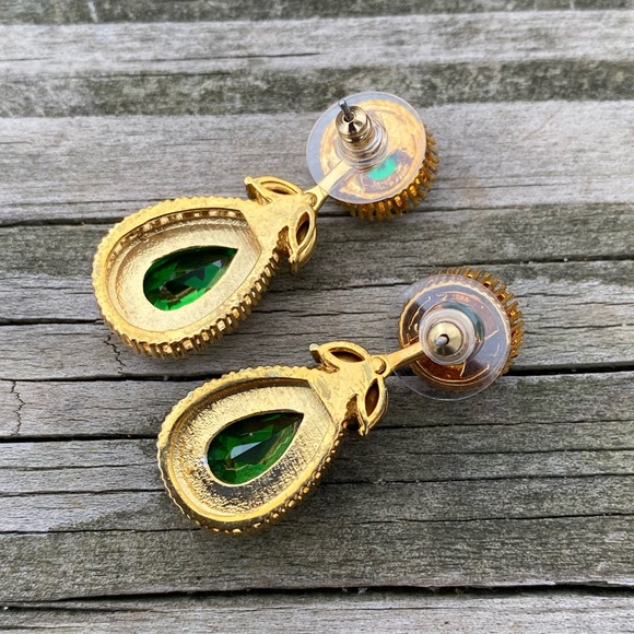 Emerald CZ drop earrings converts to studs or dangle halo gold tone - Picture 9 of 14